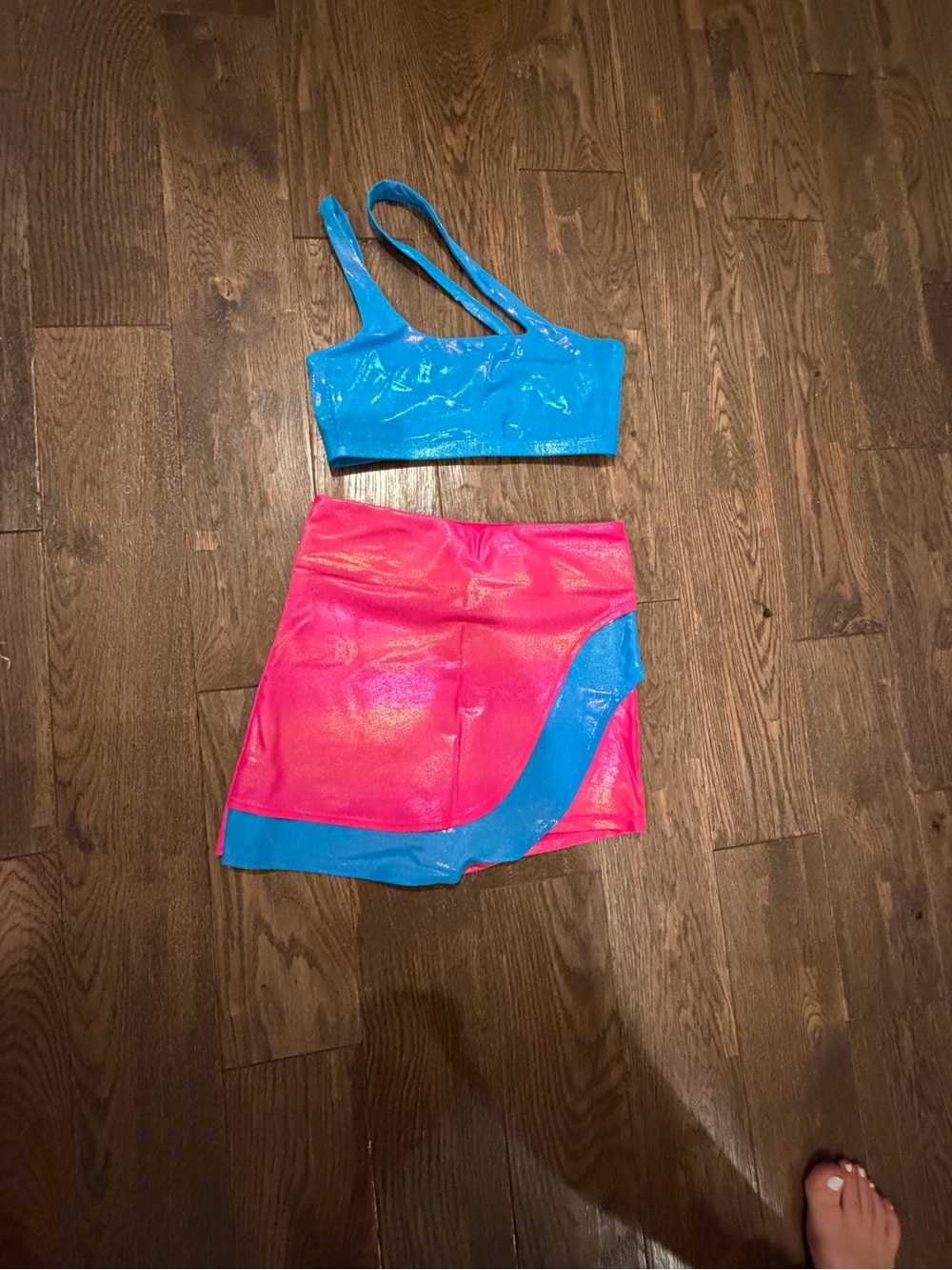 Dragonwing Electric Eden Neon Pink and Blue Dance skort and sports bra